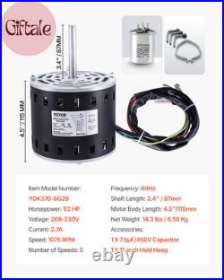 1/2HP Furnace Blower Motor, 1075RPM 5-Speed, 208/230V 2.7A, 48 Frame 3.4 Shaft