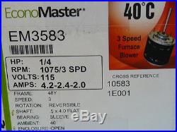 1/4 HP EM3583 Furnace Blower Motor-115V-1075 RPM-3SPEED 4.2-2.4-2.0 AMP