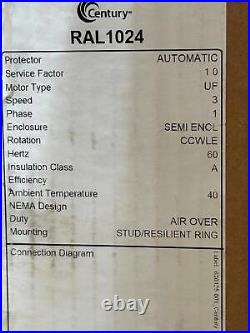 Century RAL1024 HVAC Blower Motor 1/4HP 115V 1625RPM 48Y Double Dual Shaft