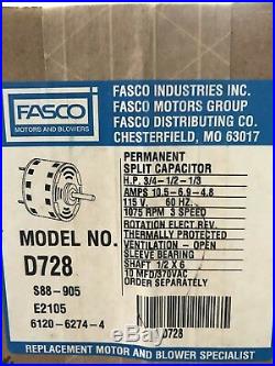 FASCO D728 FURNACE AIR HANDLER BLOWER MOTOR 3/4 HP 1075 RPM 115 Volt 3 Speed
